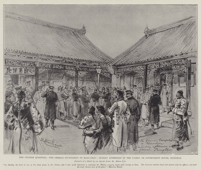 The Chinese Question, the German Occupation of Kiao-Chau, Sunday Afternoon in the Yamen, or Government House, Tsingtan by Melton Prior